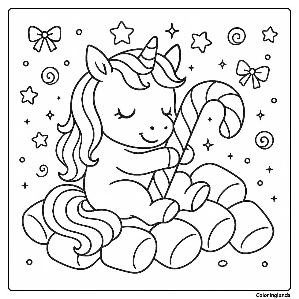 Sleeping unicorn hugs a candy cane on soft marshmallows