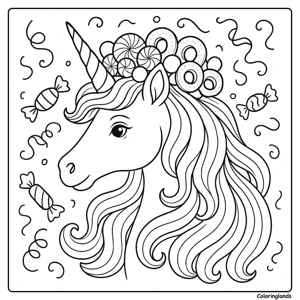 Unicorn portrait with candy crown, confetti, printable sheet