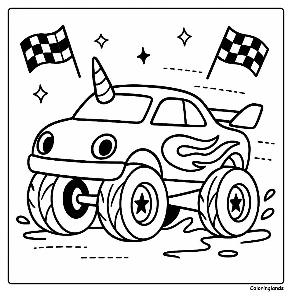 Printable unicorn race car coloring picture with flags