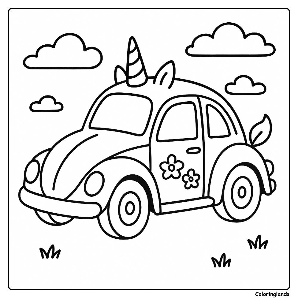 Cute unicorn beetle coloring image in a grassy field