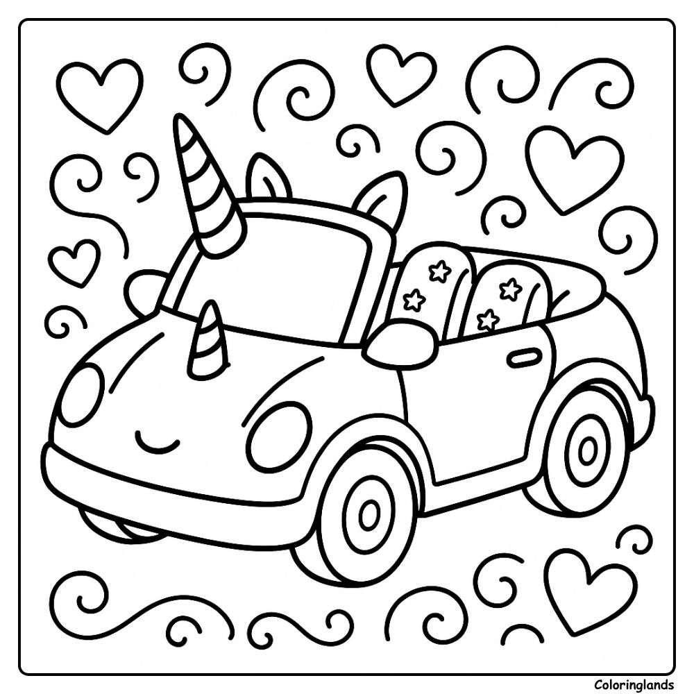 Convertible unicorn coloring picture with hearts and swirls