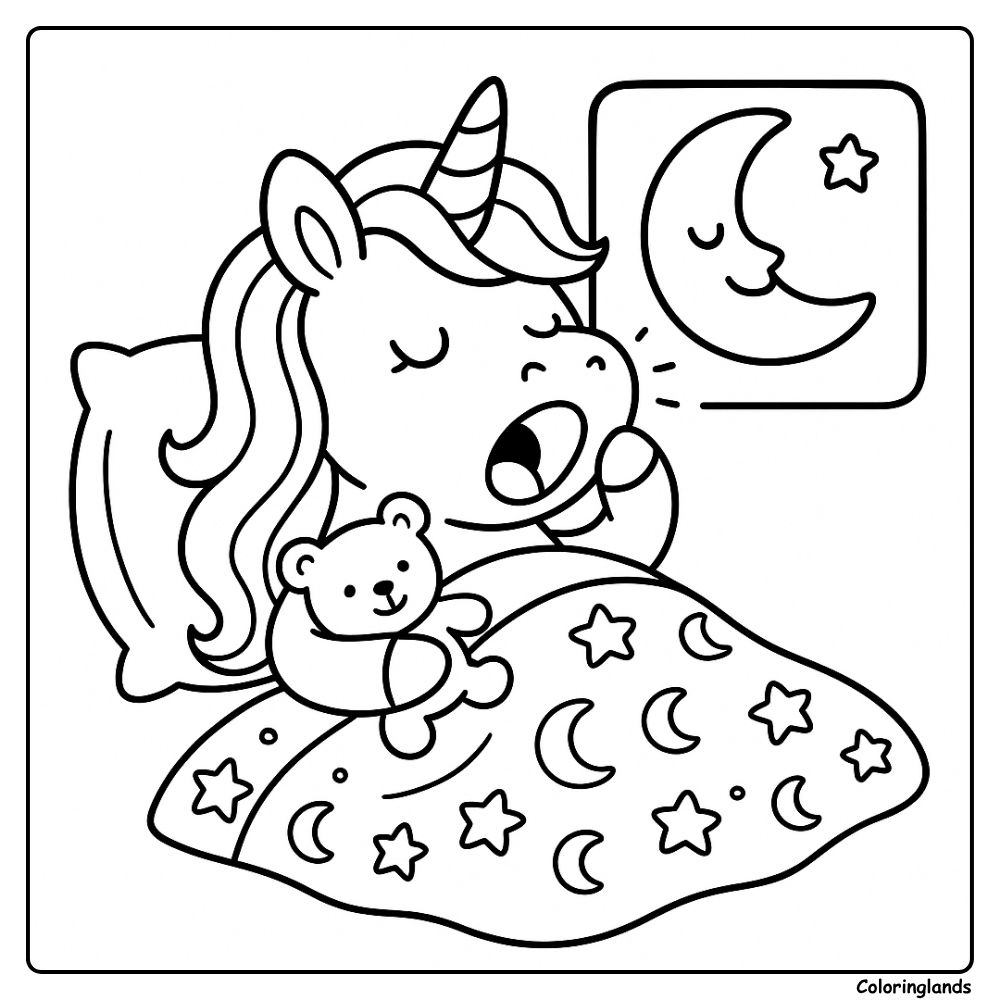 Printable coloring picture of a sleepy unicorn and moon