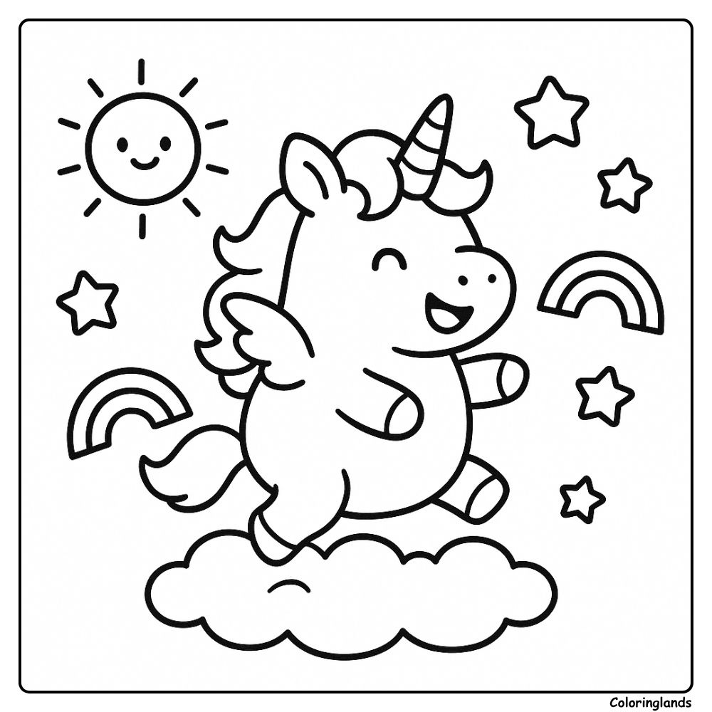 Cute coloring image of a winged unicorn on a cloud sky