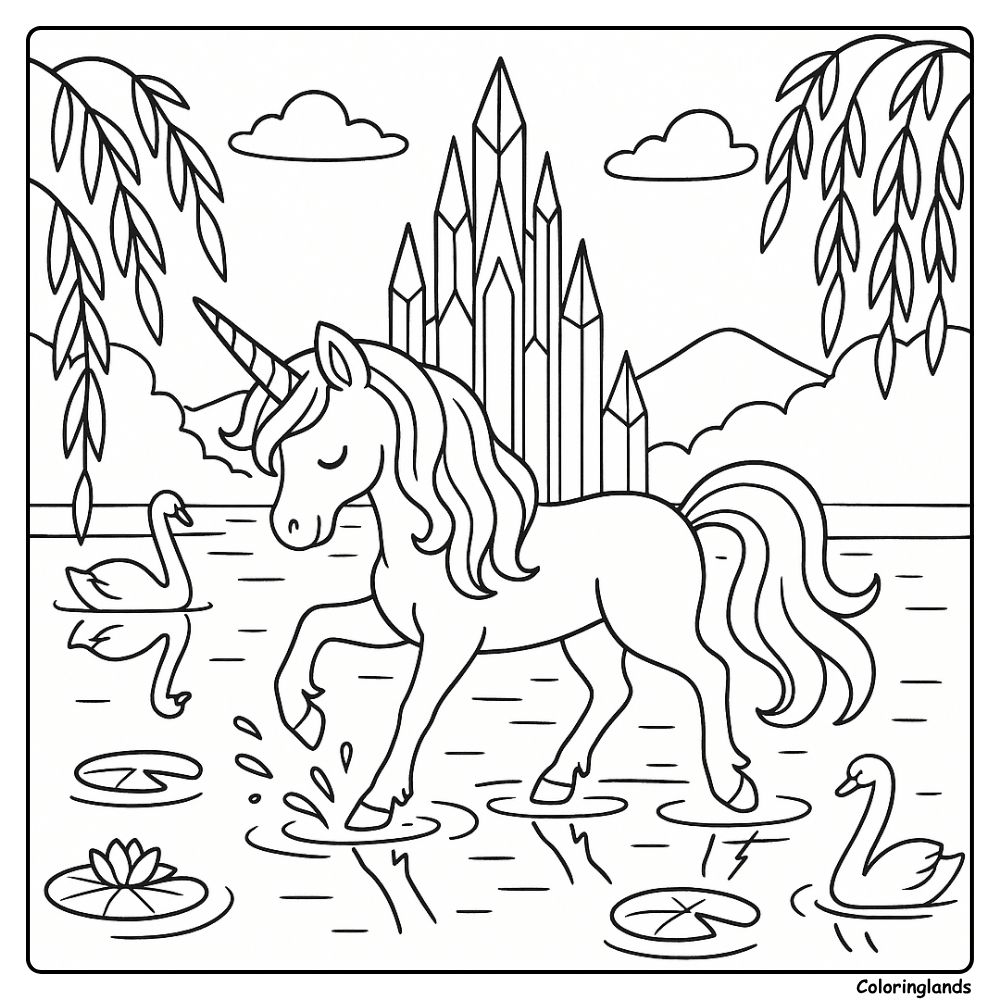 Fantasy unicorn by willow trees near a tall crystal castle