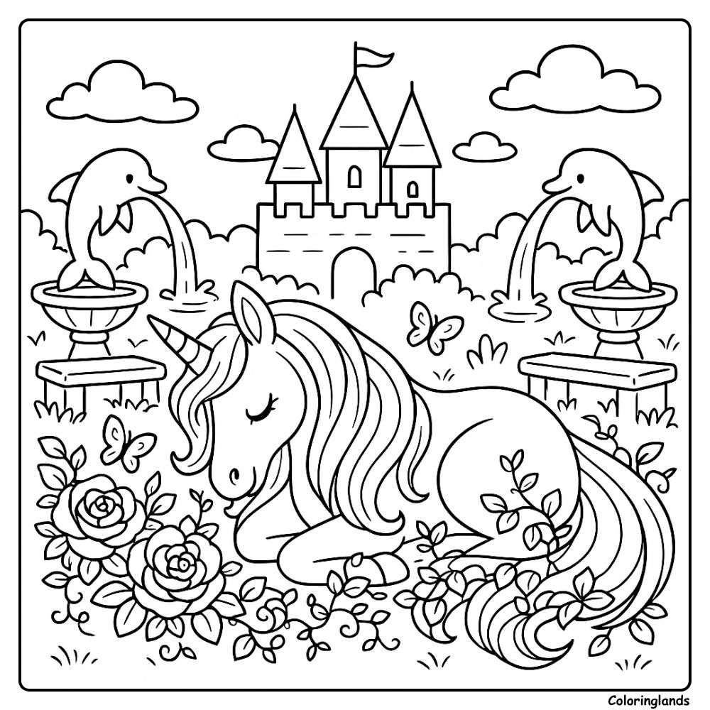 Sleeping unicorn among roses with a castle and fountains