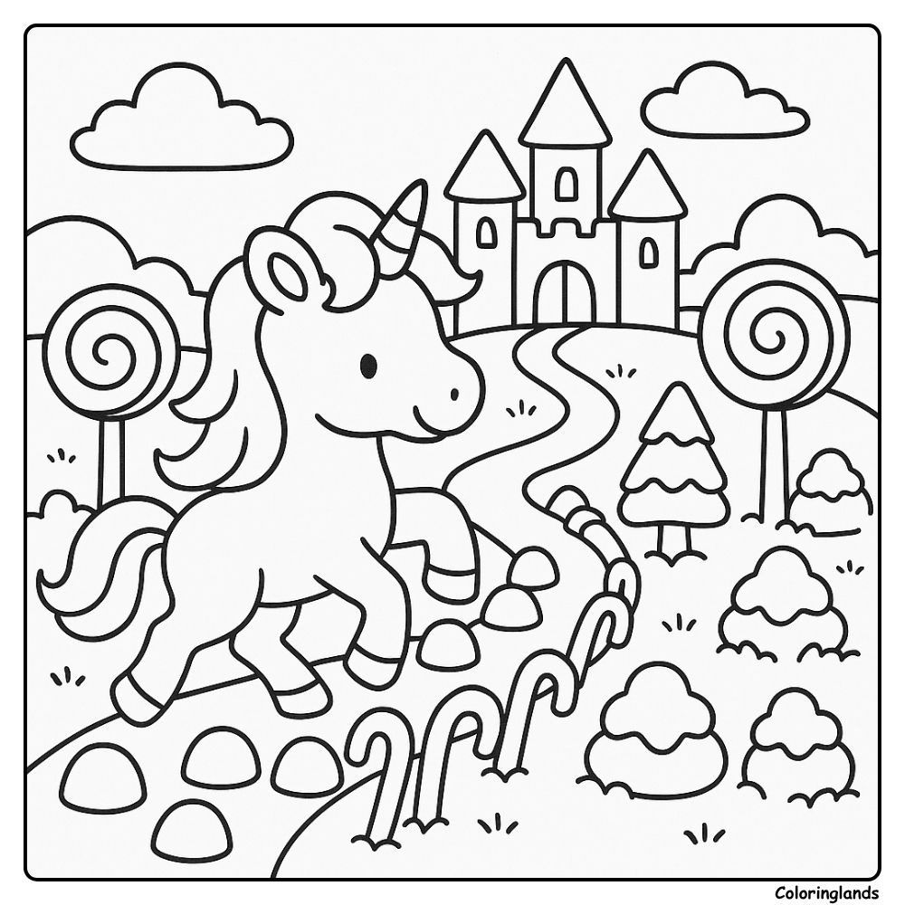Cute unicorn near a castle with lollipop trees around