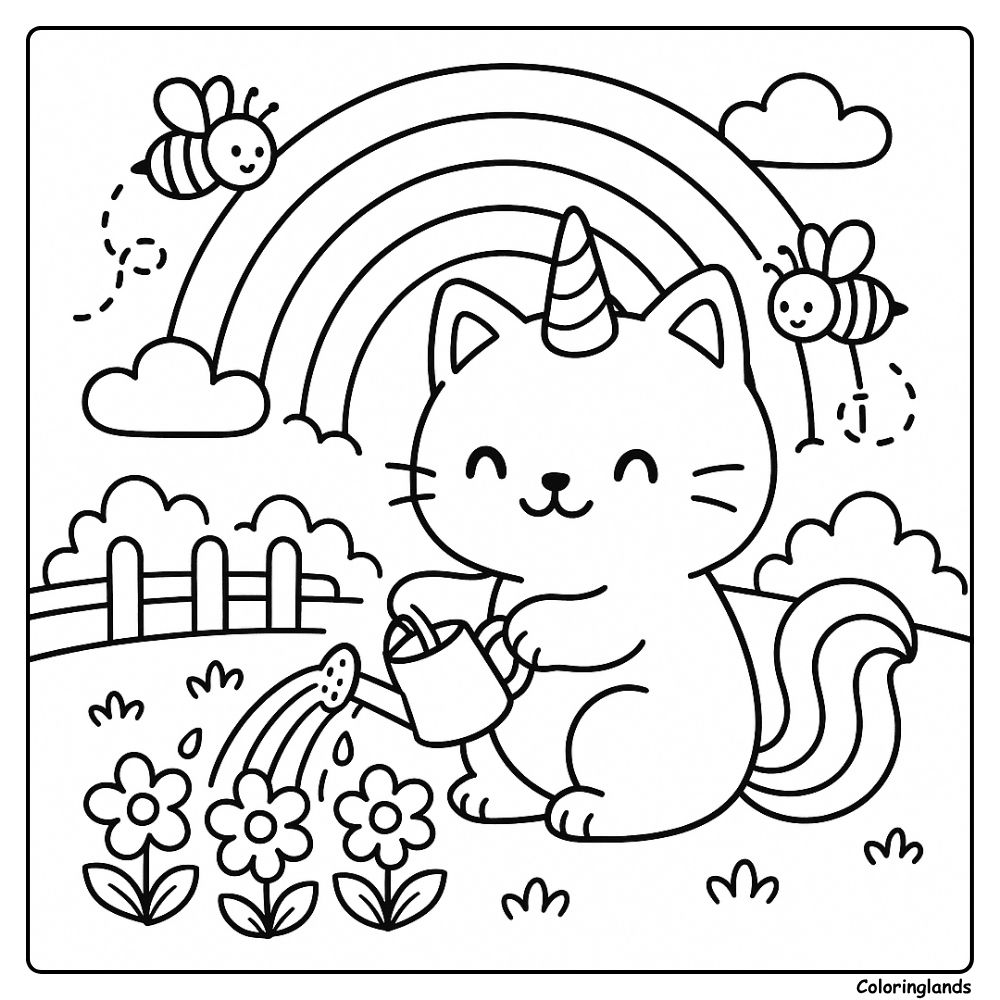 Smiling unikitty garden line art with bees and rainbow