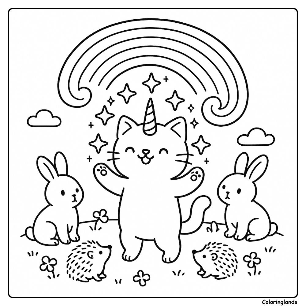 Joyful unikitty with bunnies and hedgehogs line drawing