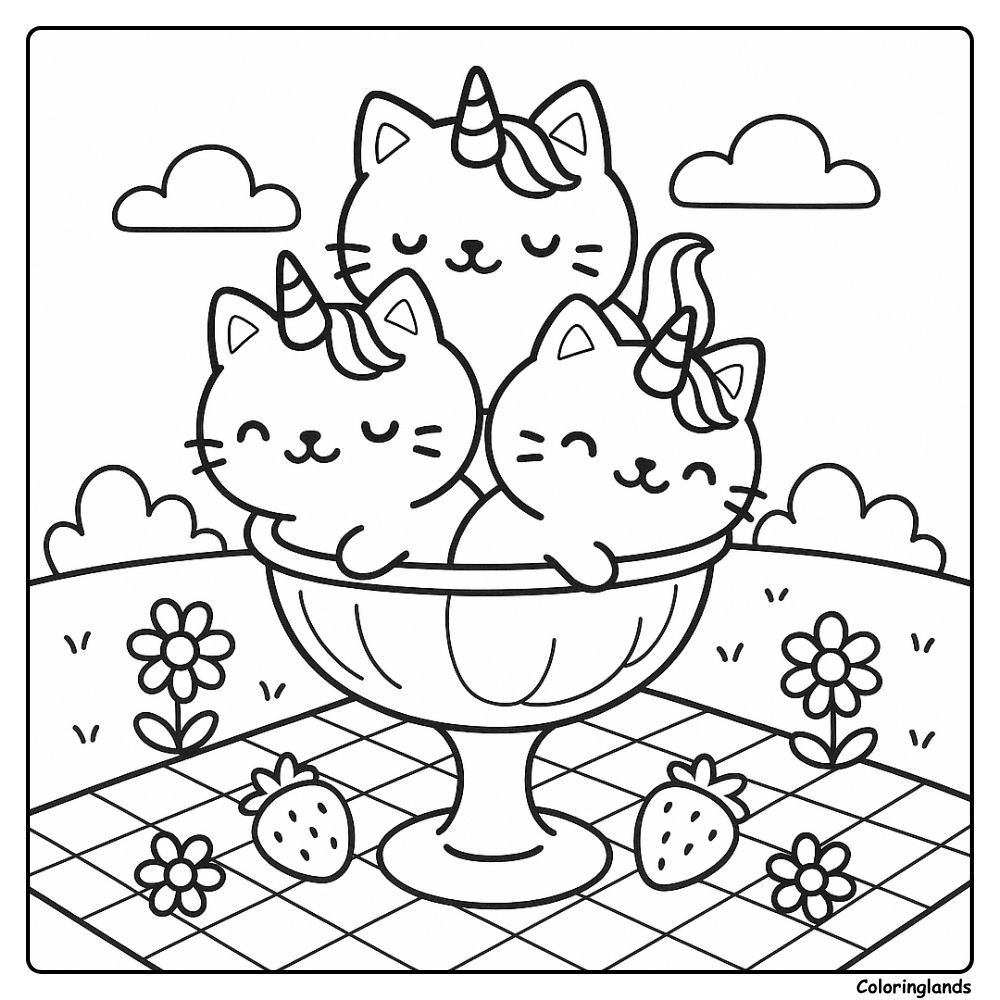 Three kittycorns in a sundae dish among flowers and fruit