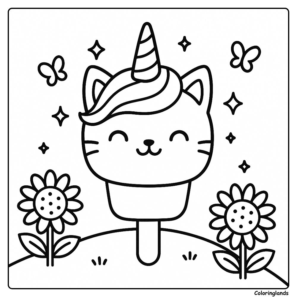 Kittycorn popsicle with sunflowers, butterflies and sparkles