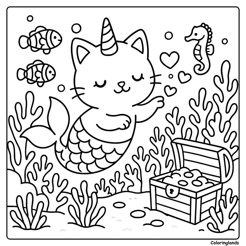 Cute mer-kitty with treasure chest among coral and seahorse