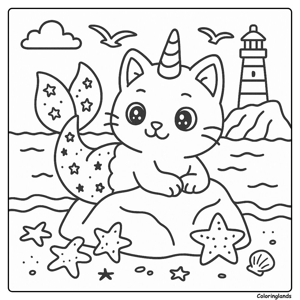 Mer-kitty on seaside rock with lighthouse and starfish