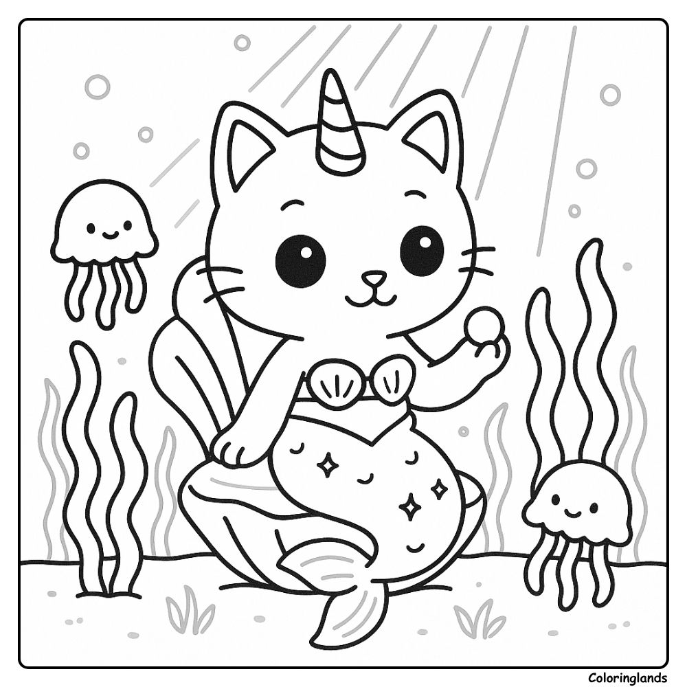 Mer-kitty holding a pearl with smiling jellyfish nearby