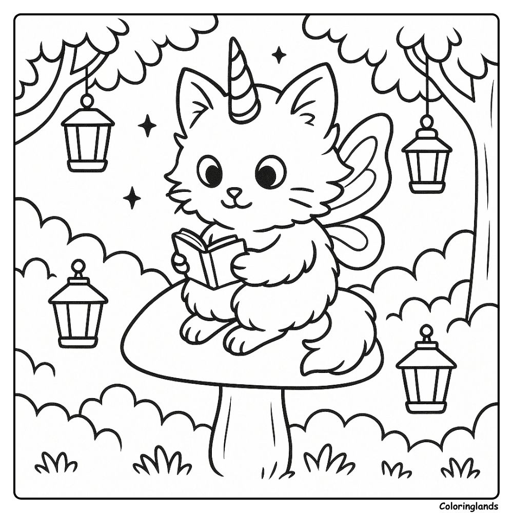 Winged kitty reading on a toadstool with lanterns coloring image