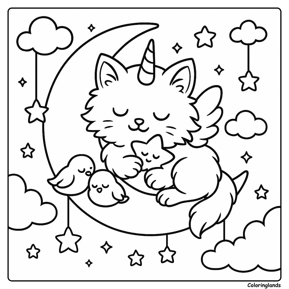 Sleeping winged cat on a crescent with clouds and birds