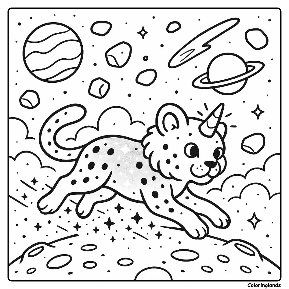 Spotted unicorn cheetah bounding across a tiny moon near stars