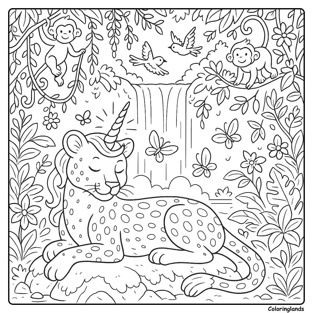 Unicorn cheetah resting by waterfall with birds and butterflies