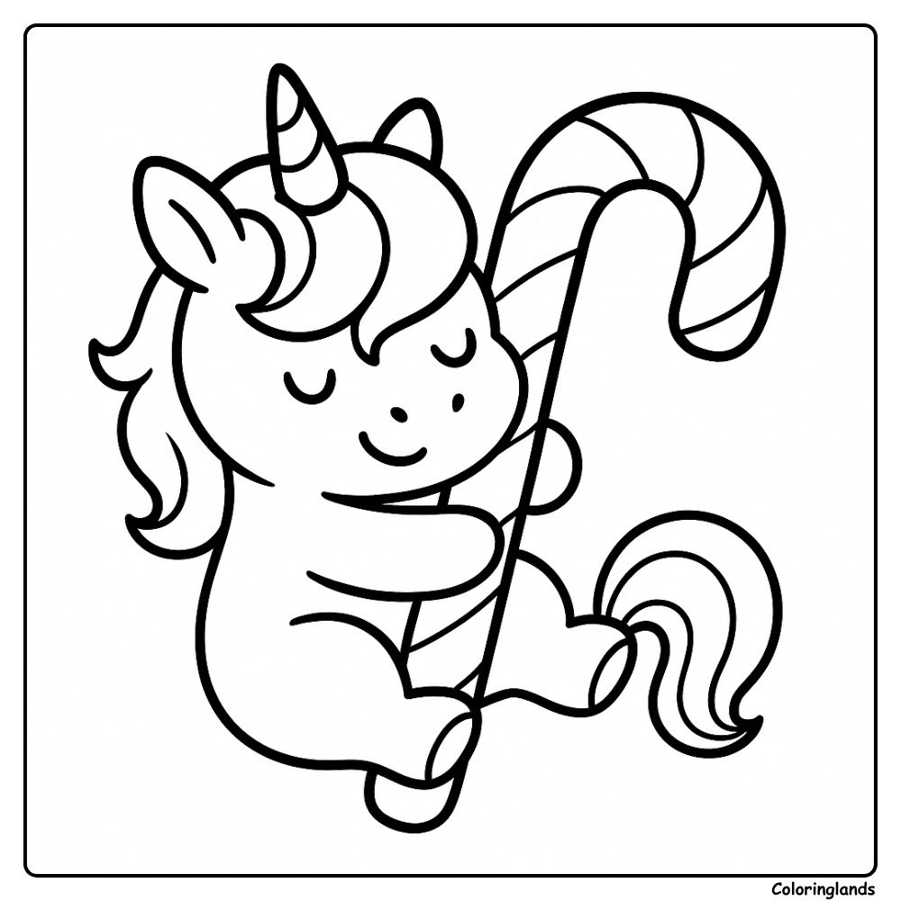 Cute candy cane unicorn line art for printable coloring