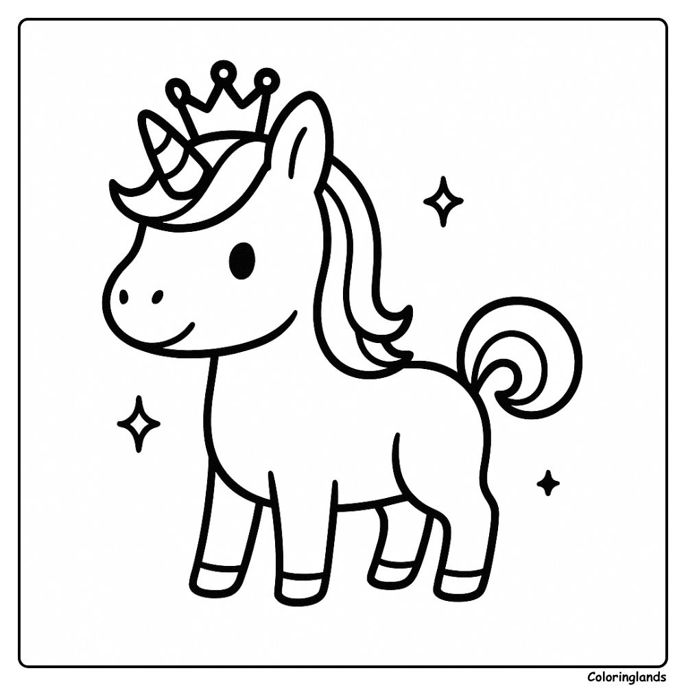 Royal unicorn line drawing with stars for kids to color