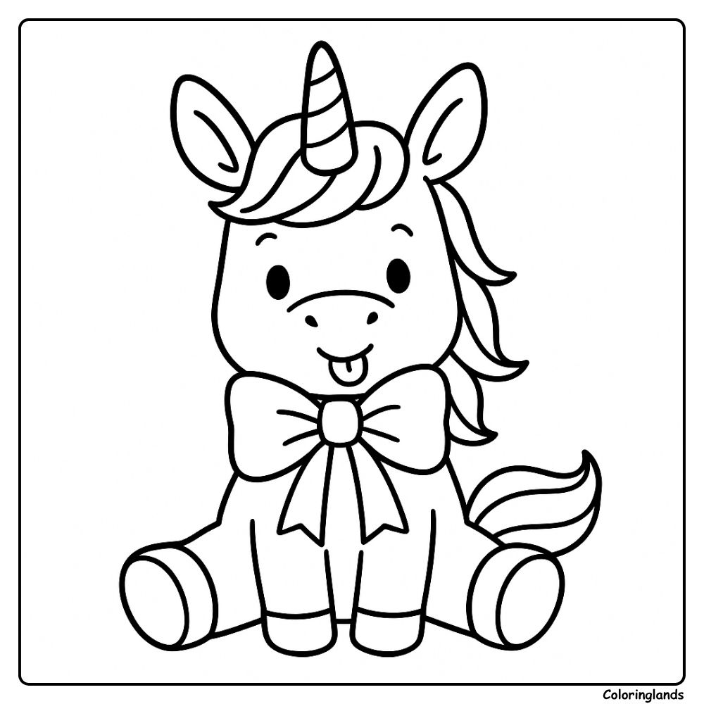 Sitting unicorn clip art with ribbon, simple outline to fill