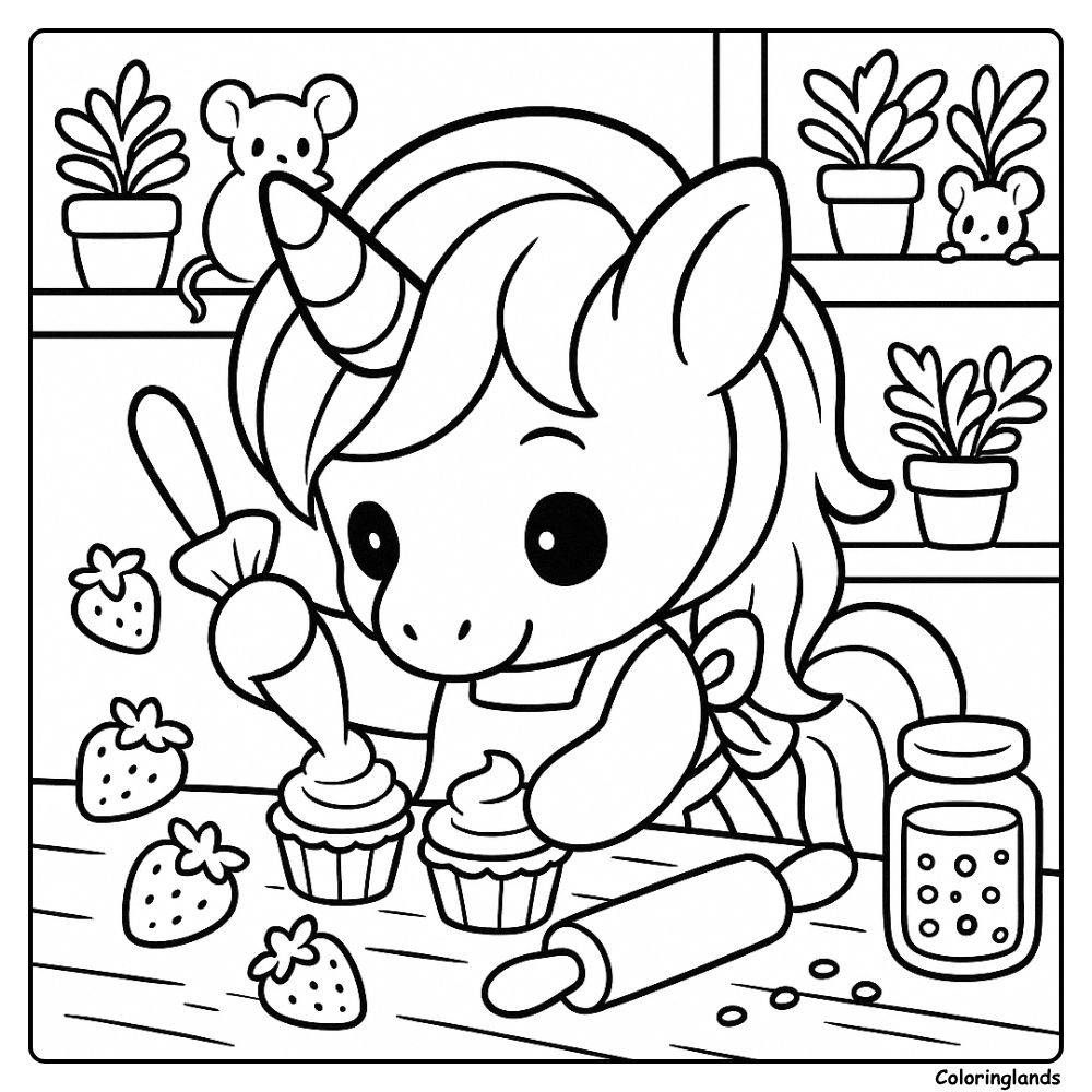 Fun unicorn coloring page with cupcake baking scene