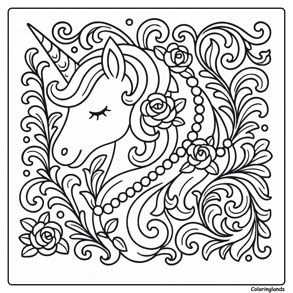 Unicorn head coloring picture with roses and pearls