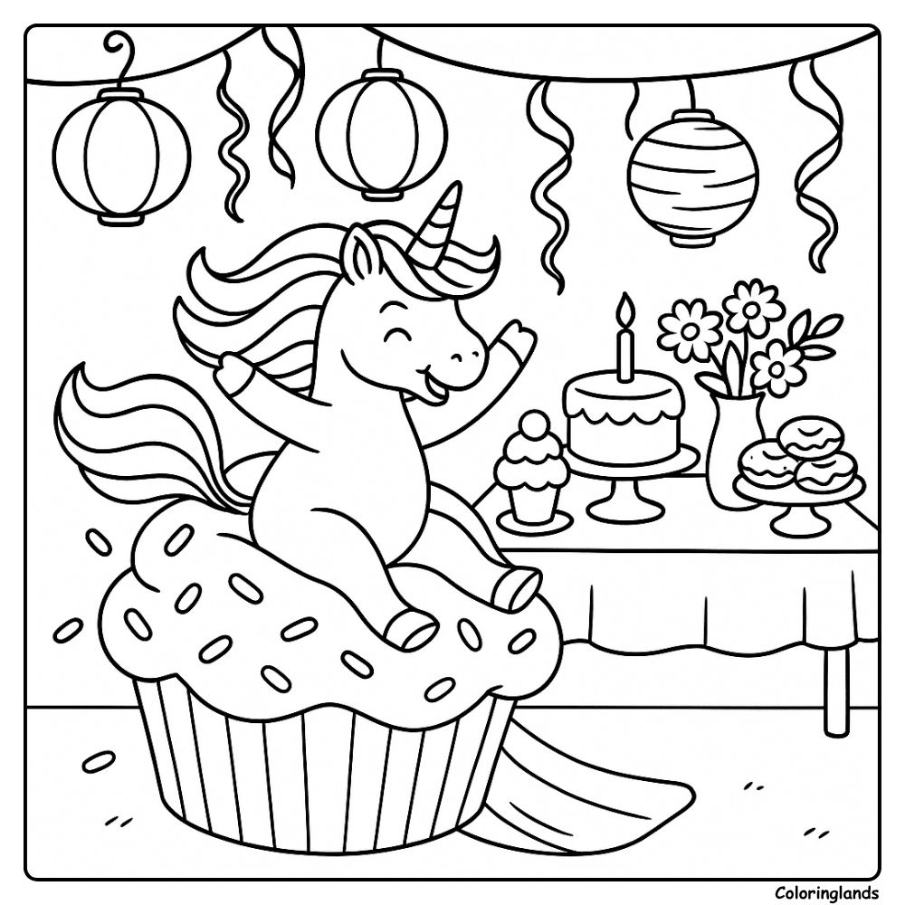 Joyful unicorn on giant cupcake, party treats coloring page
