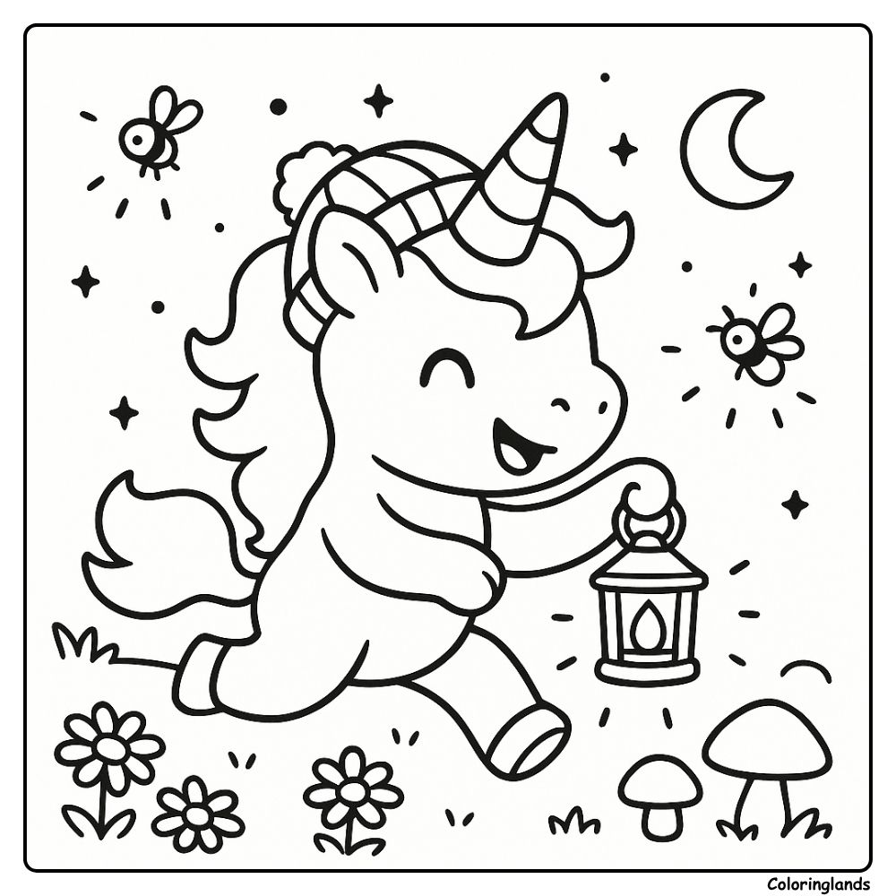 Night stroll with fireflies and moon, unicorn coloring sheet