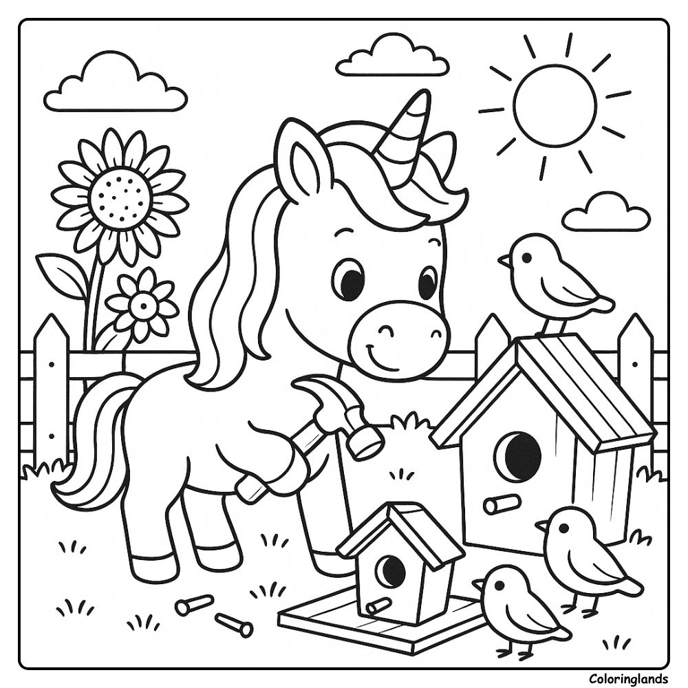 Cheerful unicorn crafts birdhouses, spring coloring sheet