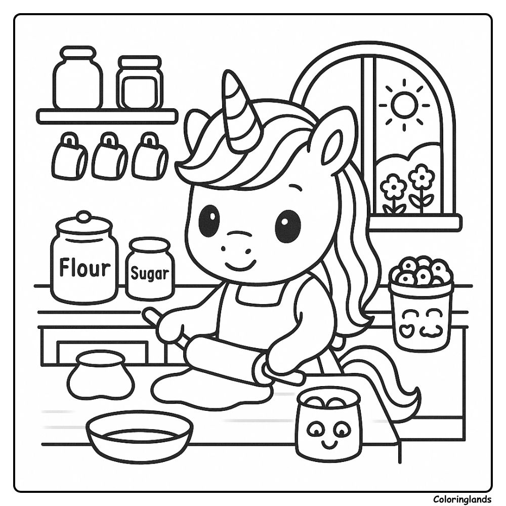 Little baker unicorn making cookies, cute coloring image