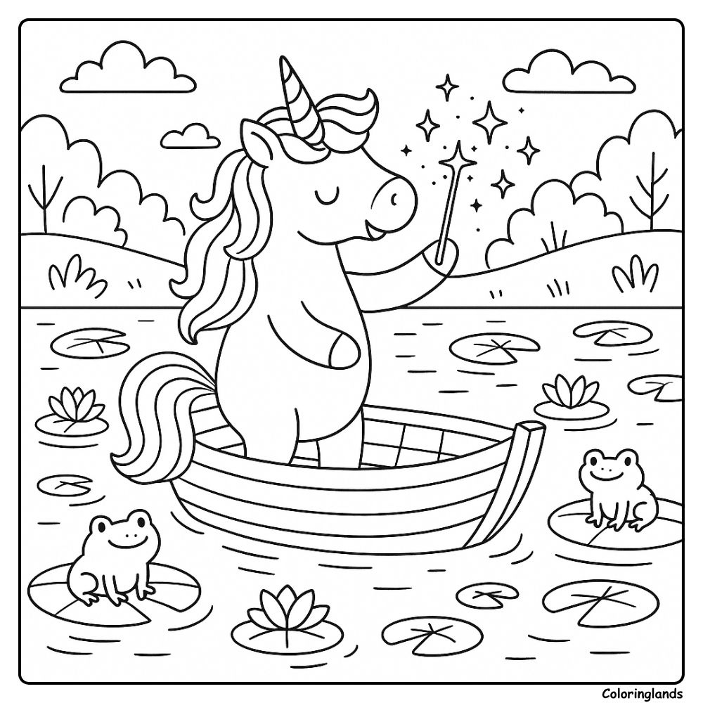 Rowboat unicorn with frogs and lilies, fantasy coloring pic