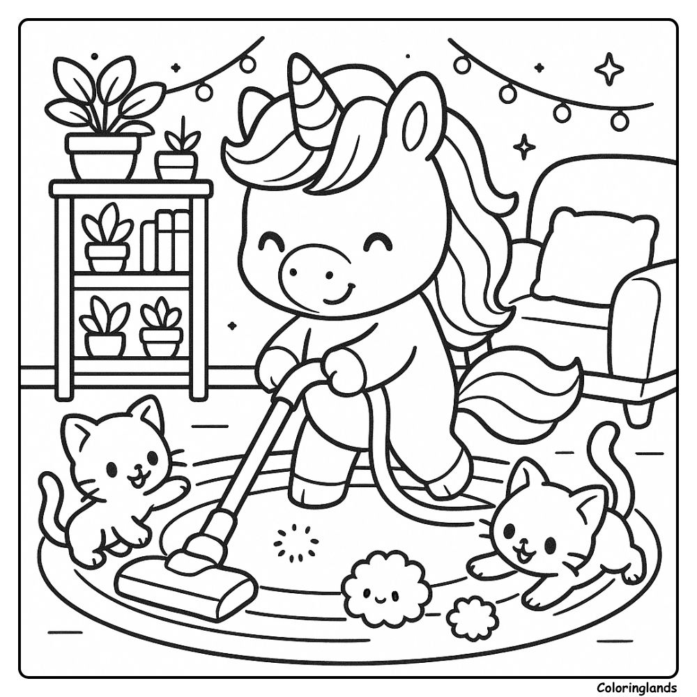 House scene with unicorn cleaning and cats, fun picture
