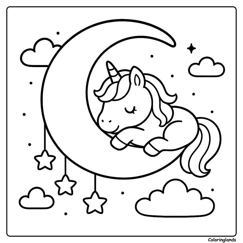 Sleeping unicorn on moon with stars, bedtime coloring picture