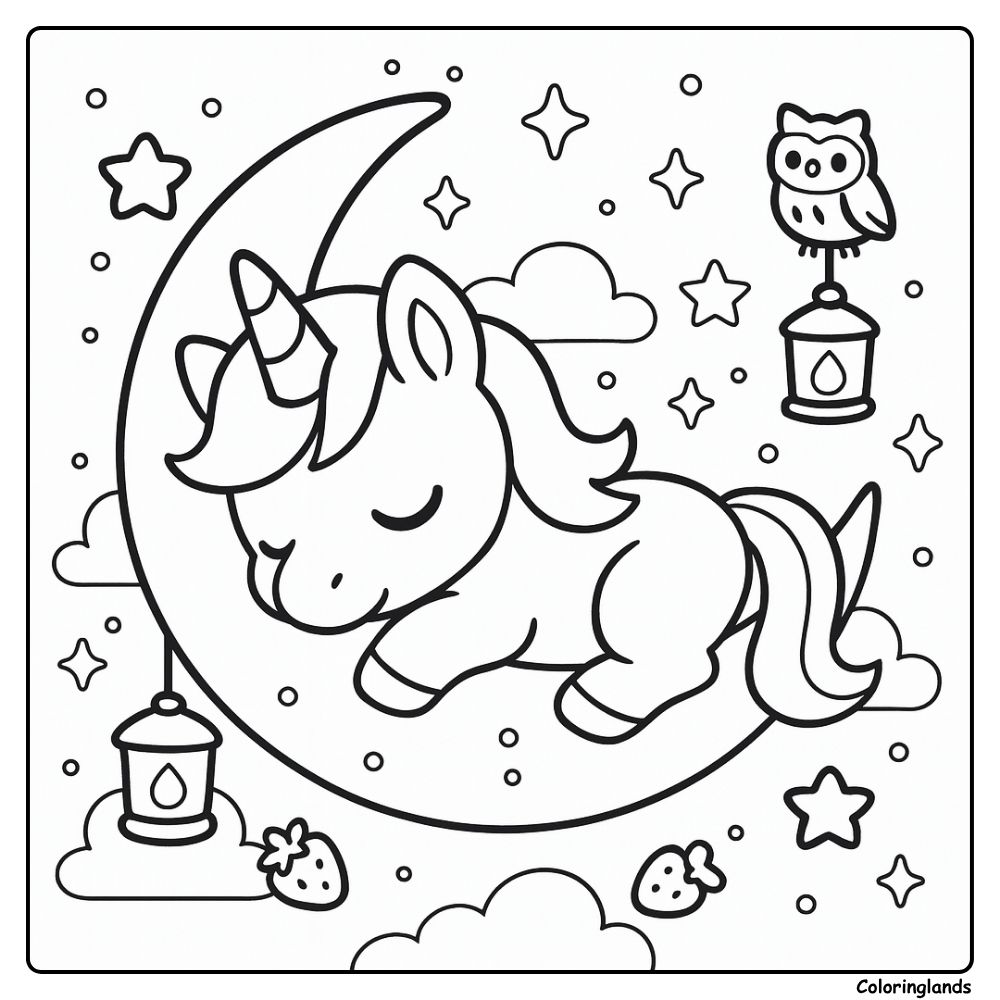 Peaceful unicorn coloring page with moon and stars