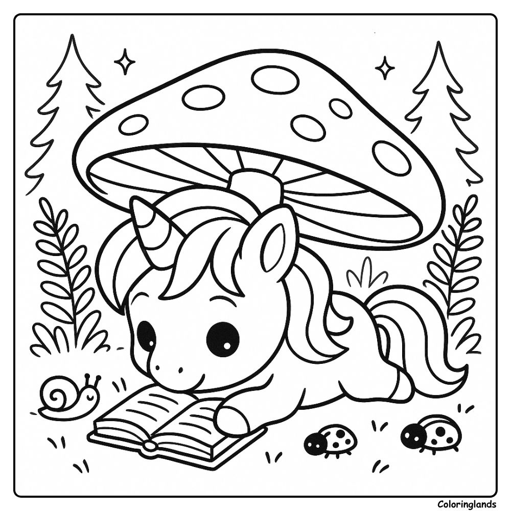 Adorable unicorn coloring sheet under a giant mushroom