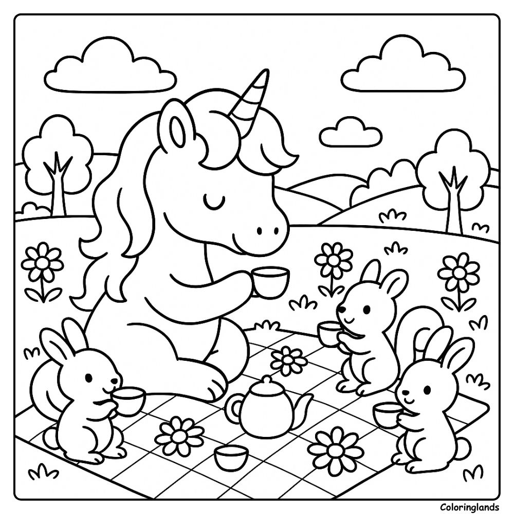 Lovely unicorn coloring page with picnic in the meadow