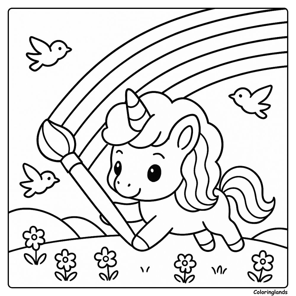 Creative unicorn coloring sheet with rainbow painting