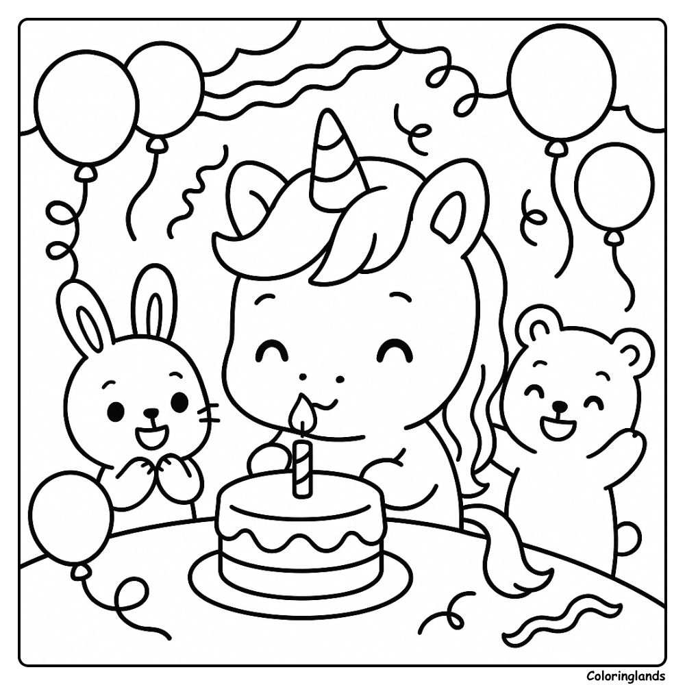 Cute unicorn birthday party coloring sheet with cake