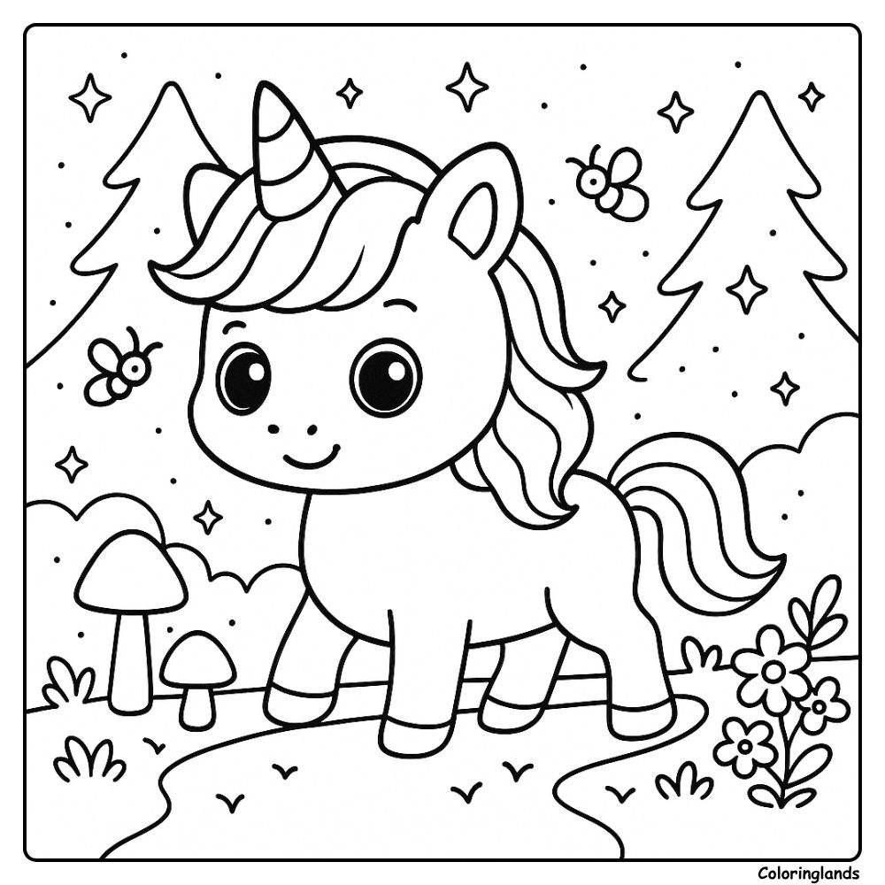 Free unicorn night scene coloring page with forest