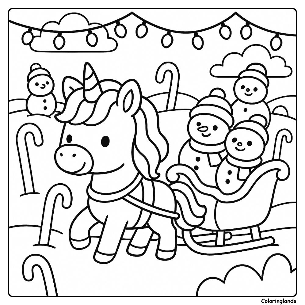 Free unicorn sleigh ride winter scene coloring sheet