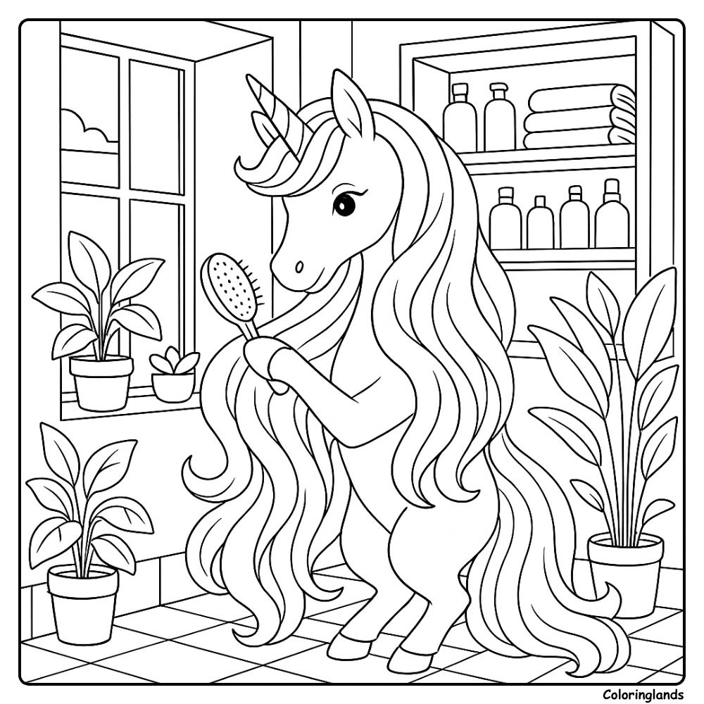 Free unicorn self-care brushing mane coloring sheet
