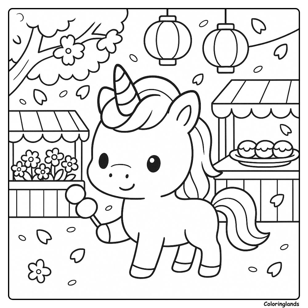 Cute unicorn festival with lanterns coloring image