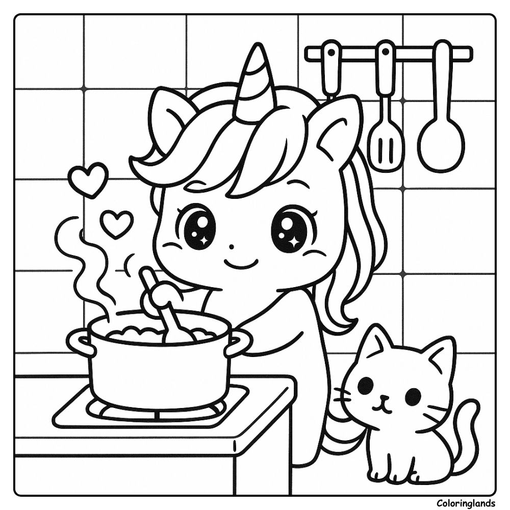 Cute unicorn cooking in kitchen with cat coloring sheet