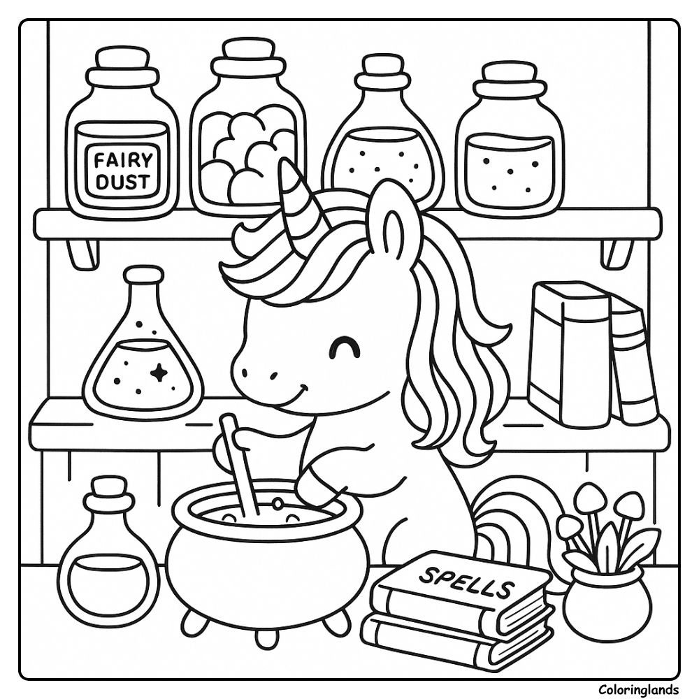Printable unicorn potion mixing coloring picture