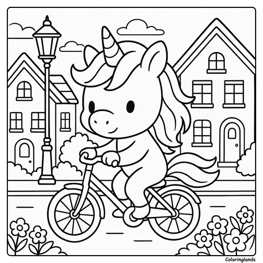 Printable unicorn biking in town coloring image