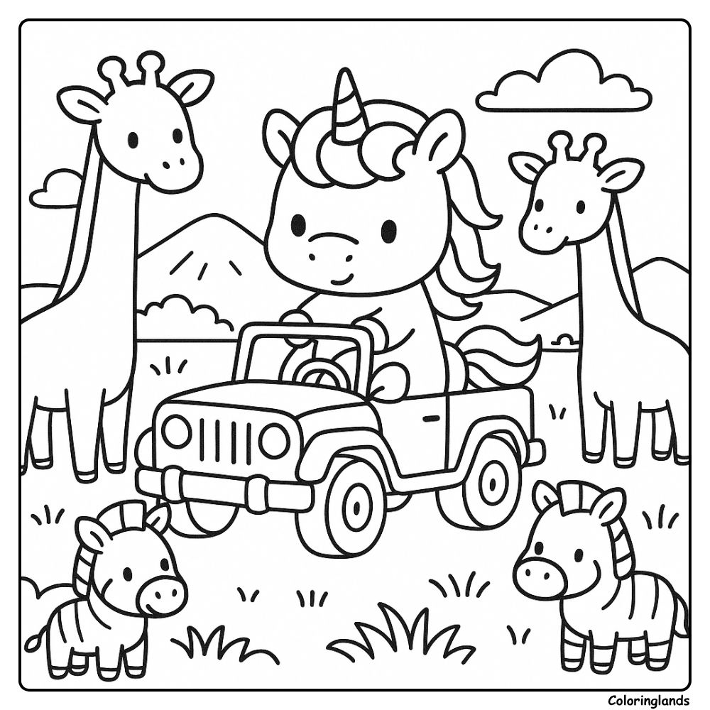 Printable unicorn safari jeep with animals coloring picture