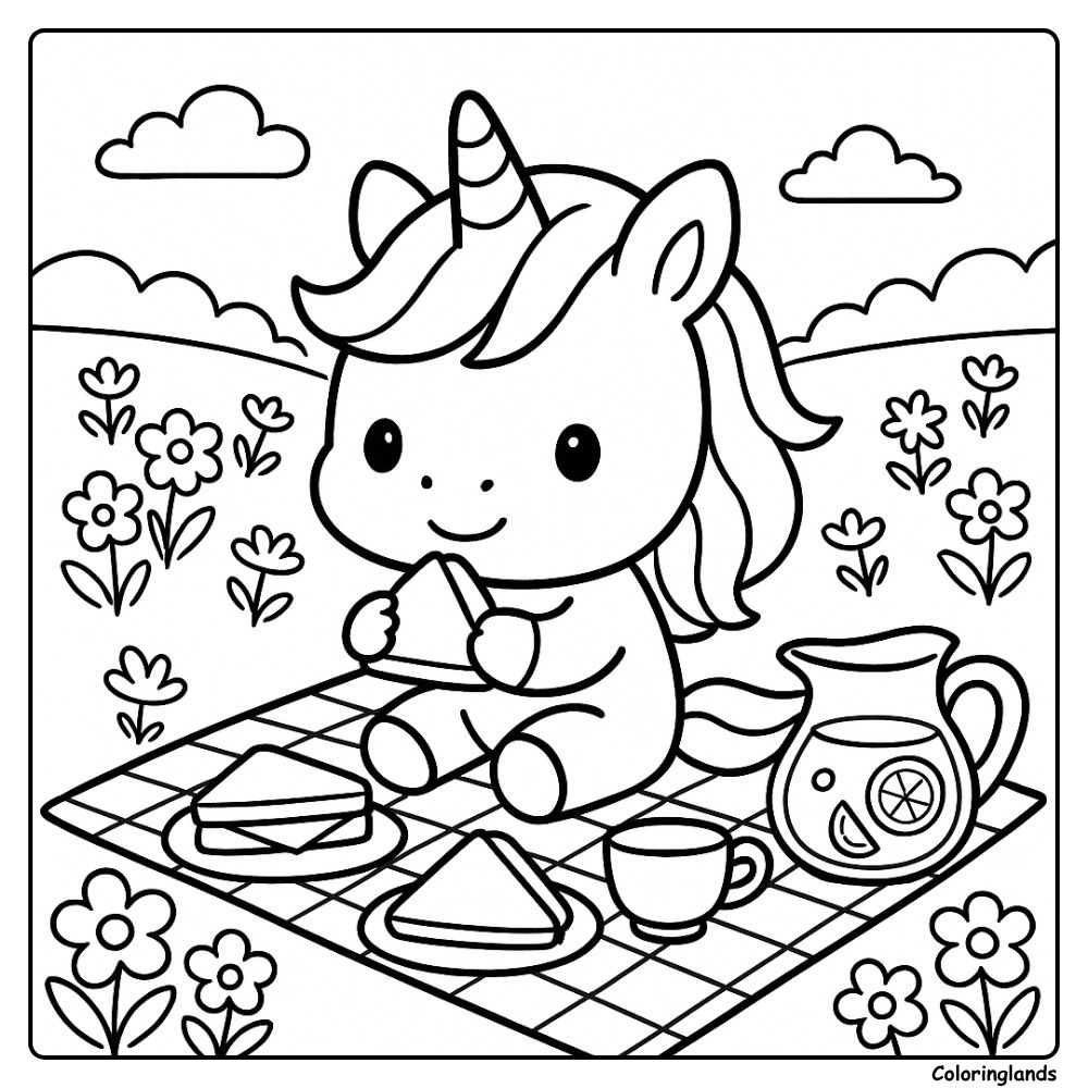 Printable unicorn picnic with flowers coloring picture
