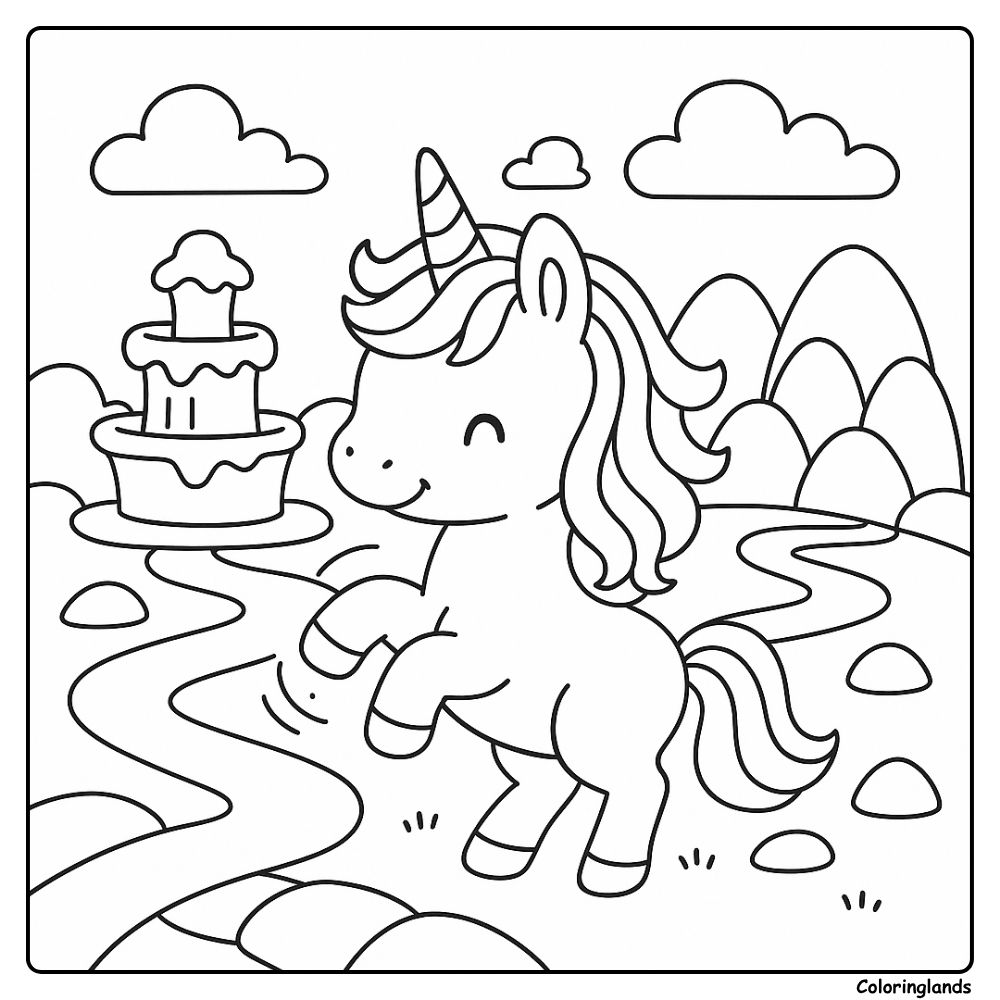 Printable unicorn in candyland with fountain coloring sheet