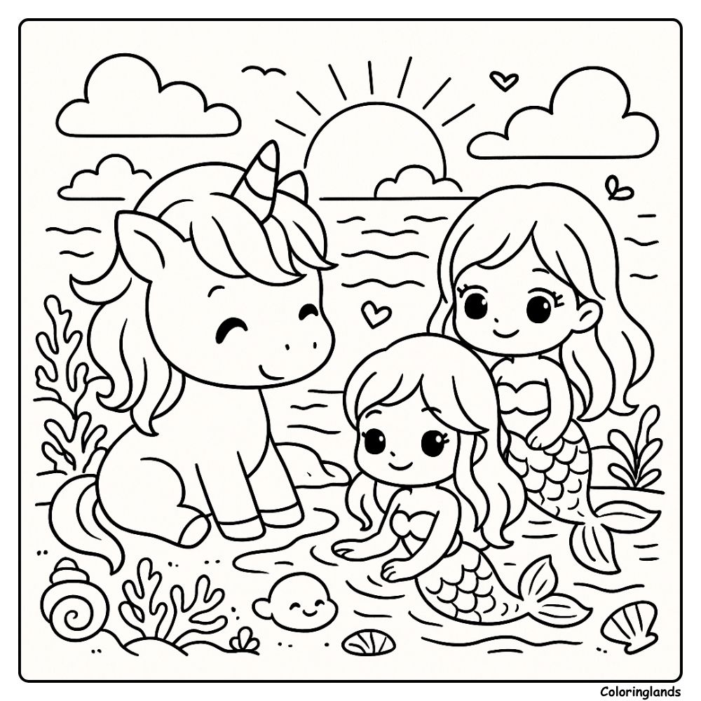 Printable unicorn and mermaids at the beach coloring image