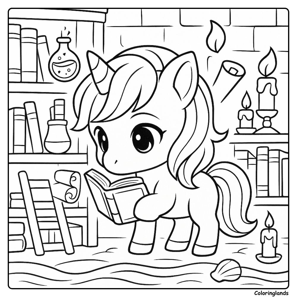 Free unicorn inside magical library coloring sheet